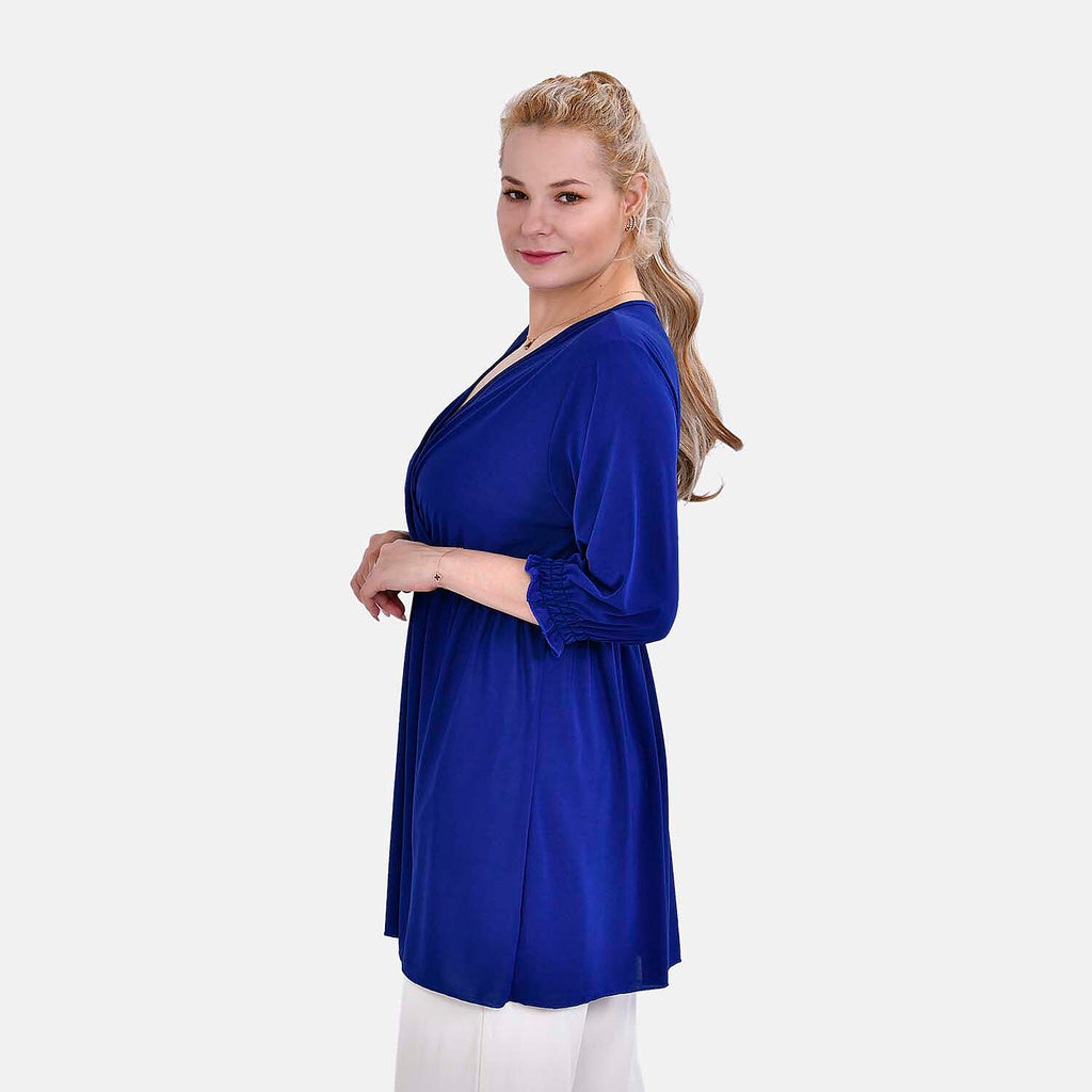 TAMSY Smocked Waist V Neck Solid Top (One Size 8-18) - Blue