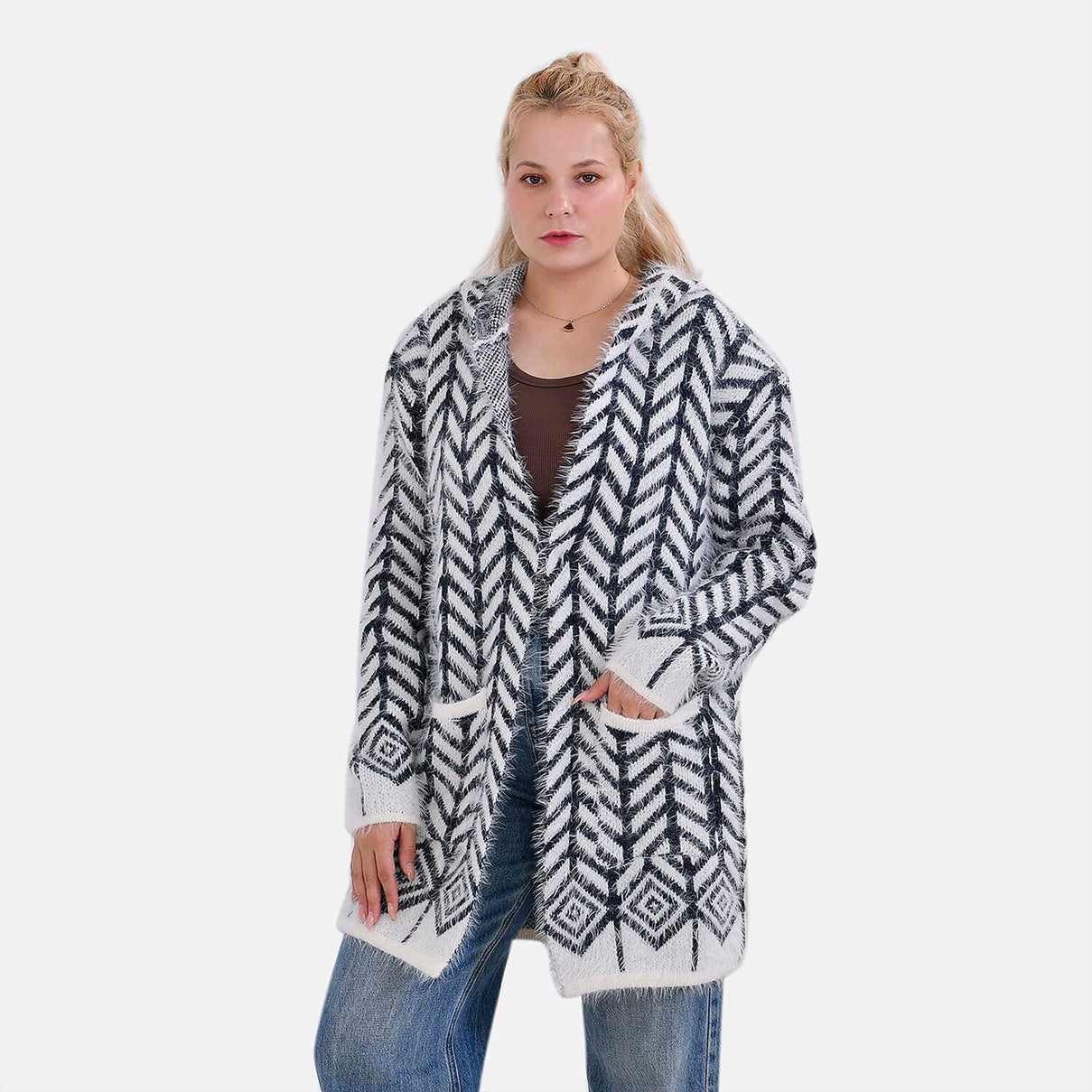 Tamsy Winter Coatigan with Hoodie (Size 8-20) Navy &amp; White 7808004 4