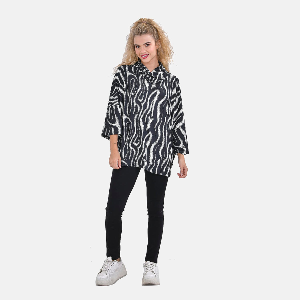 Zebra Print Stretchable Jersey Top with Stacked Collar (One Size 8-18) - Black &amp; White 7617354 0