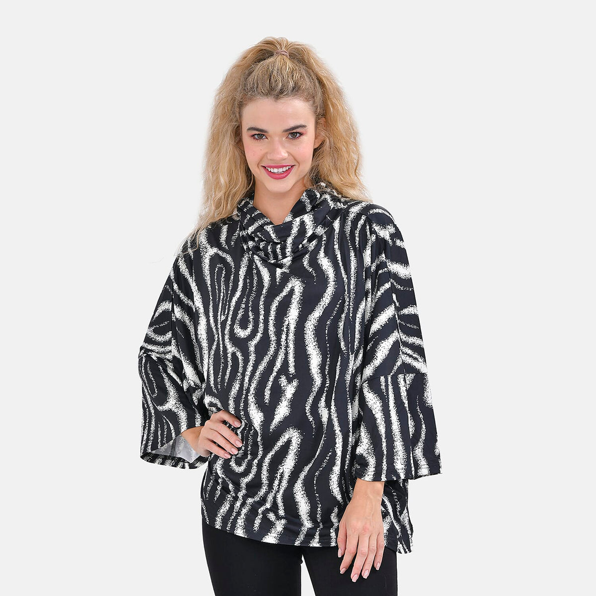 Zebra Print Stretchable Jersey Top with Stacked Collar (One Size 8-18) - Black &amp; White 7617354 4