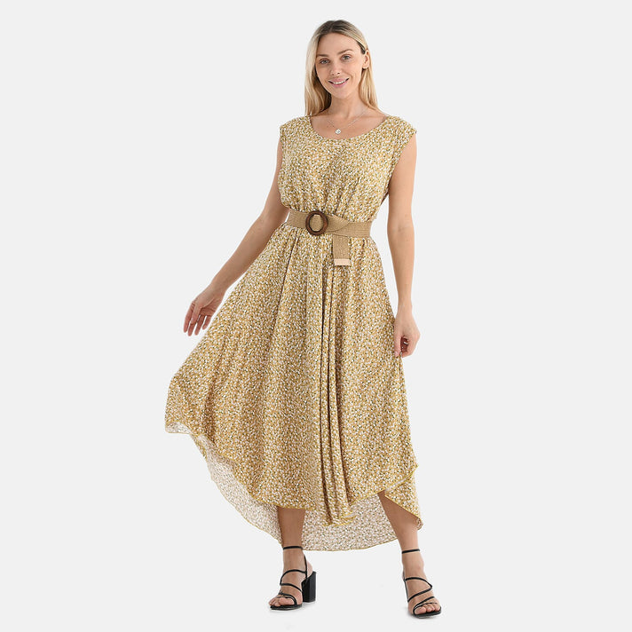 Tamsy - 100% Viscose Yellow &amp; White Flower Pattern Umbrella Dress with Belt(Curve Size 20-26) - Yellow 4247630 1