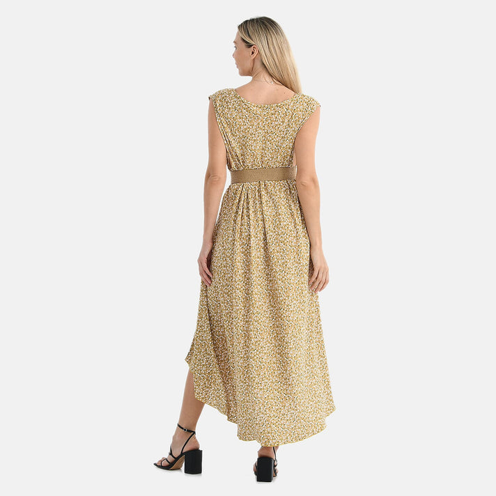 Tamsy - 100% Viscose Yellow &amp; White Flower Pattern Umbrella Dress with Belt(Curve Size 20-26) - Yellow 4247630 2