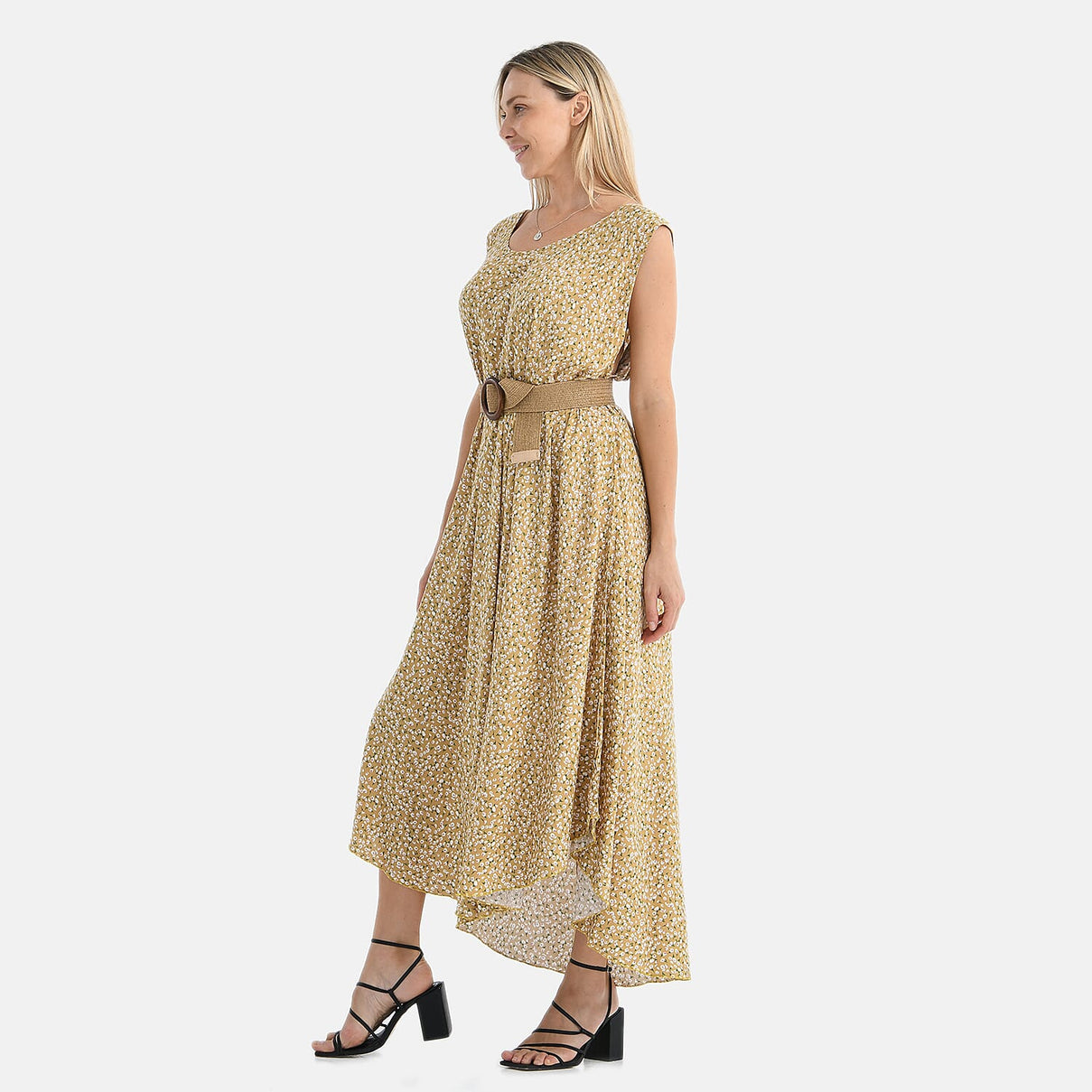 Tamsy - 100% Viscose Yellow &amp; White Flower Pattern Umbrella Dress with Belt(Curve Size 20-26) - Yellow V32518128 3