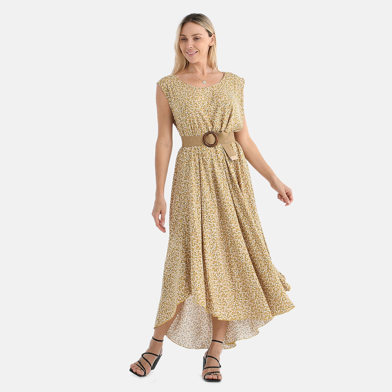 Tamsy - 100% Viscose Yellow &amp; White Flower Pattern Umbrella Dress with Belt(Curve Size 20-26) - Yellow V32518128 4