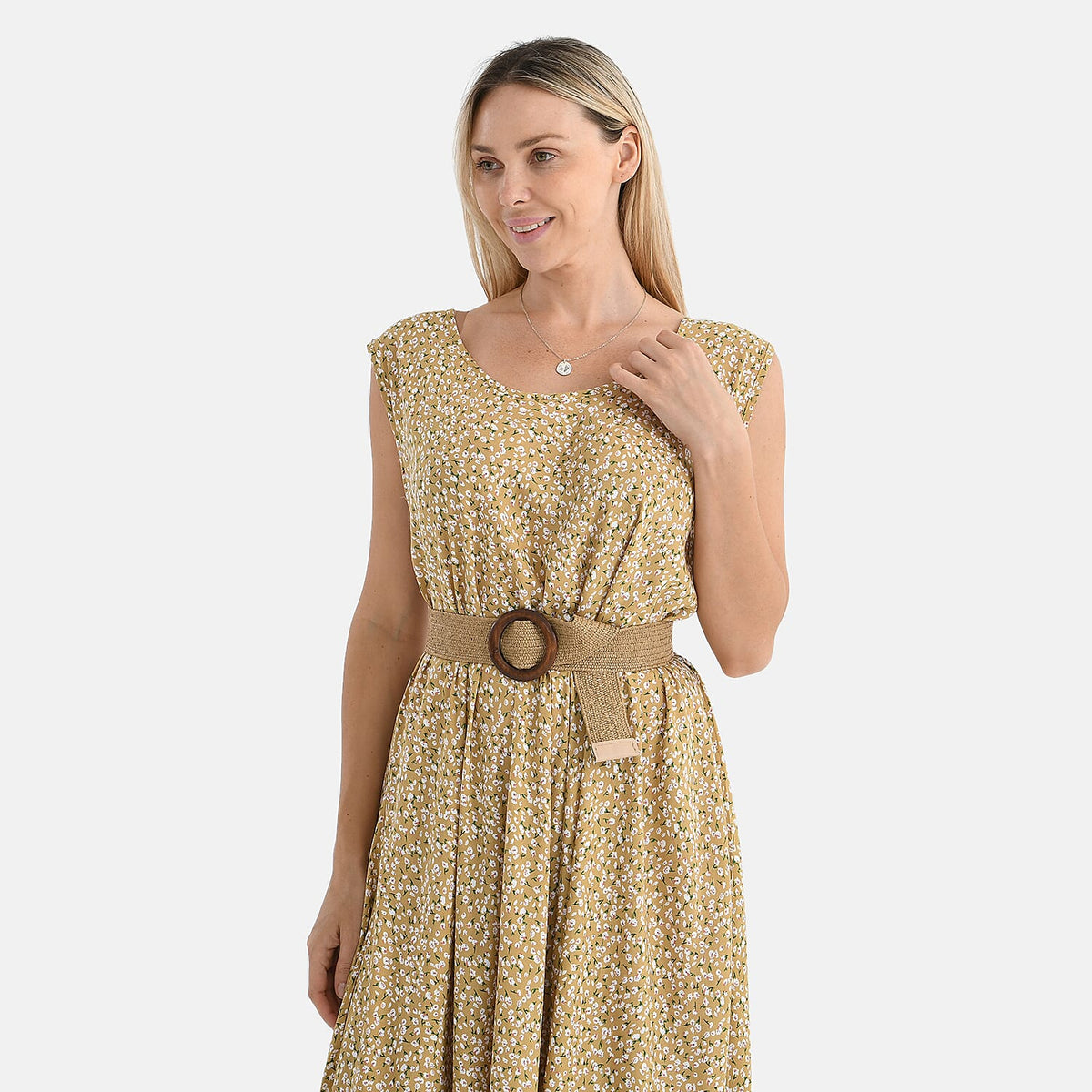 Tamsy - 100% Viscose Yellow &amp; White Flower Pattern Umbrella Dress with Belt(Curve Size 20-26) - Yellow V32518128 5