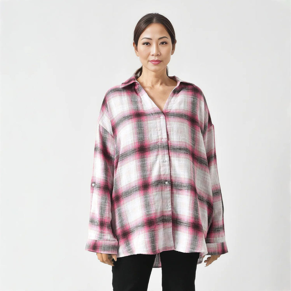 LA MAREY 100% Cotton Y-D Check Pattern with Side Two Pocket Shirt (Size L 16 - 18) - Pink