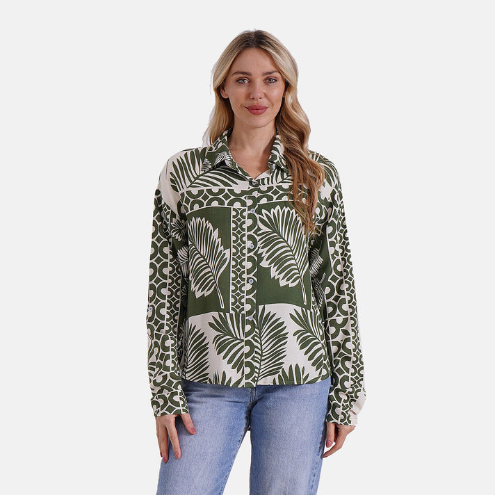 Tamsy Leaf &amp; Abstract Design Mixed Print Long Sleeve Button-Down Shirt 8032085 1