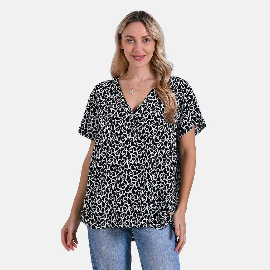 Tamsy Short Frill Sleeve V-Neck Relaxed fit Blouse (Size L-XL) - White & Black