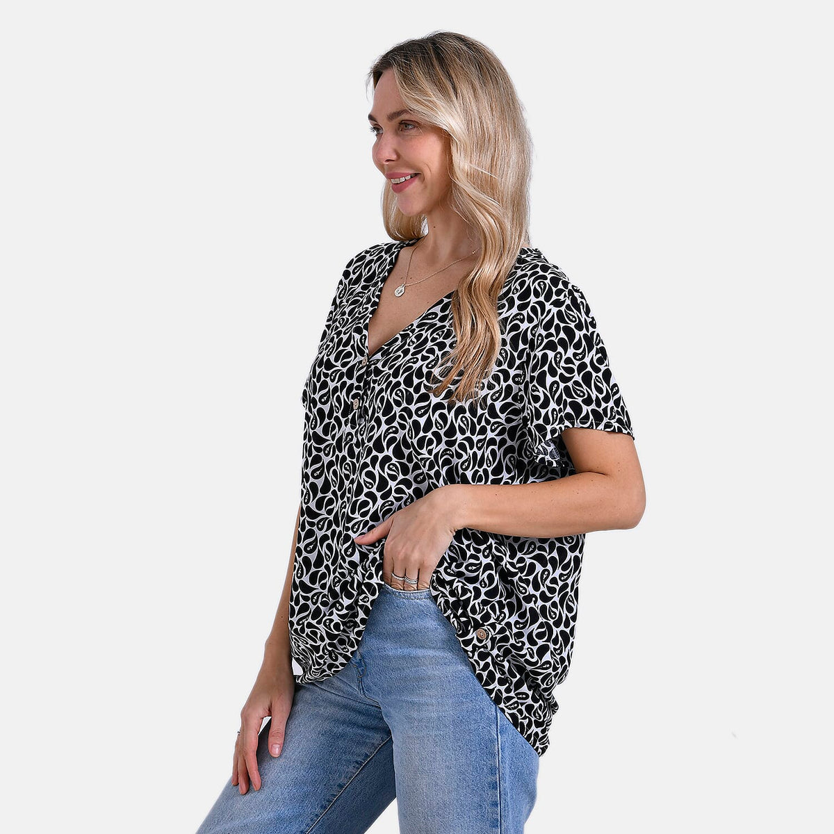 Tamsy Printed Blouse (Size 79x1 cm) - White - Black 8028279 4