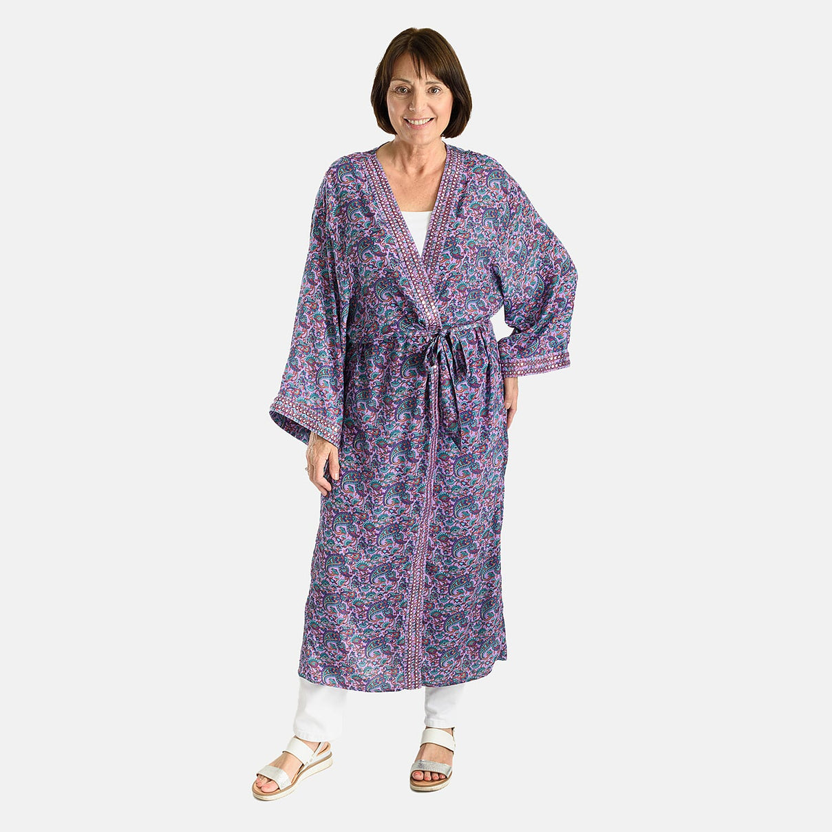 Tamsy Silk Like Floral With Paisley Print Embroidered Kimono 7364309 0