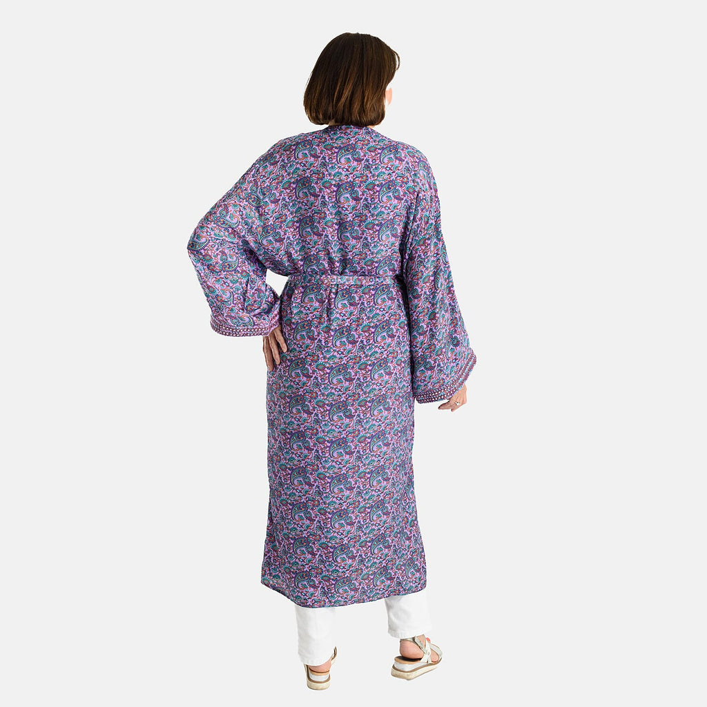 Silk Like Floral With Paisley Print Embroidered Kimono (One Size) - Purple & Multi