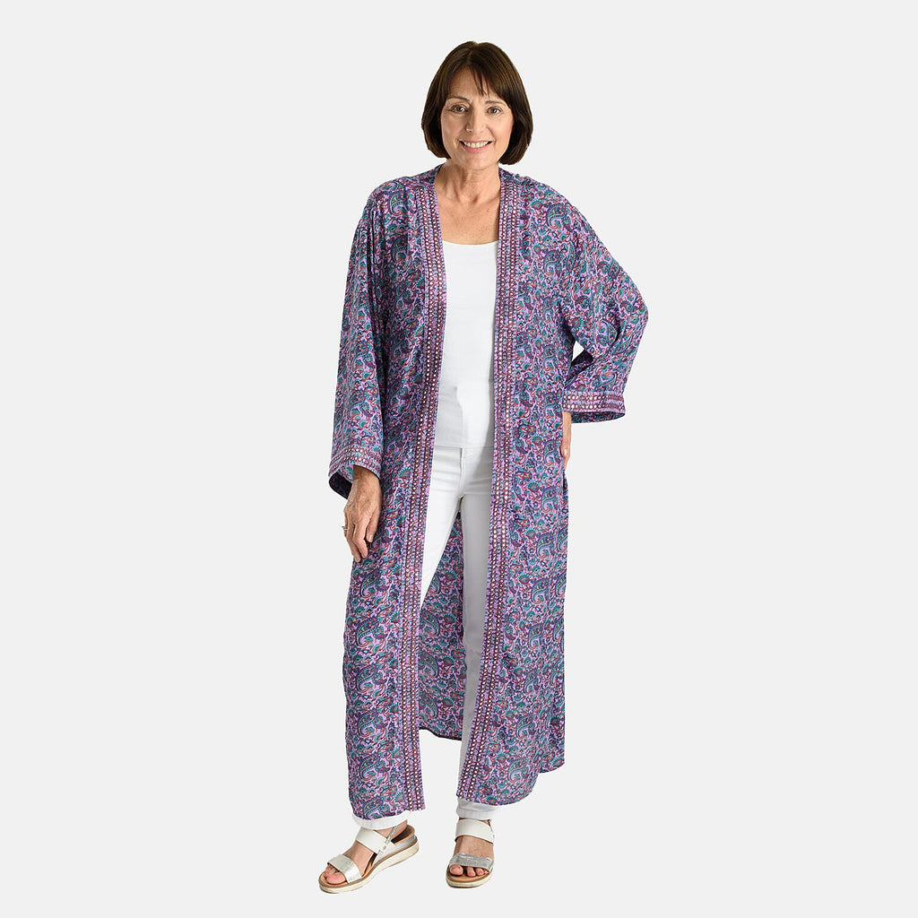 Silk Like Floral With Paisley Print Embroidered Kimono (One Size) - Purple & Multi