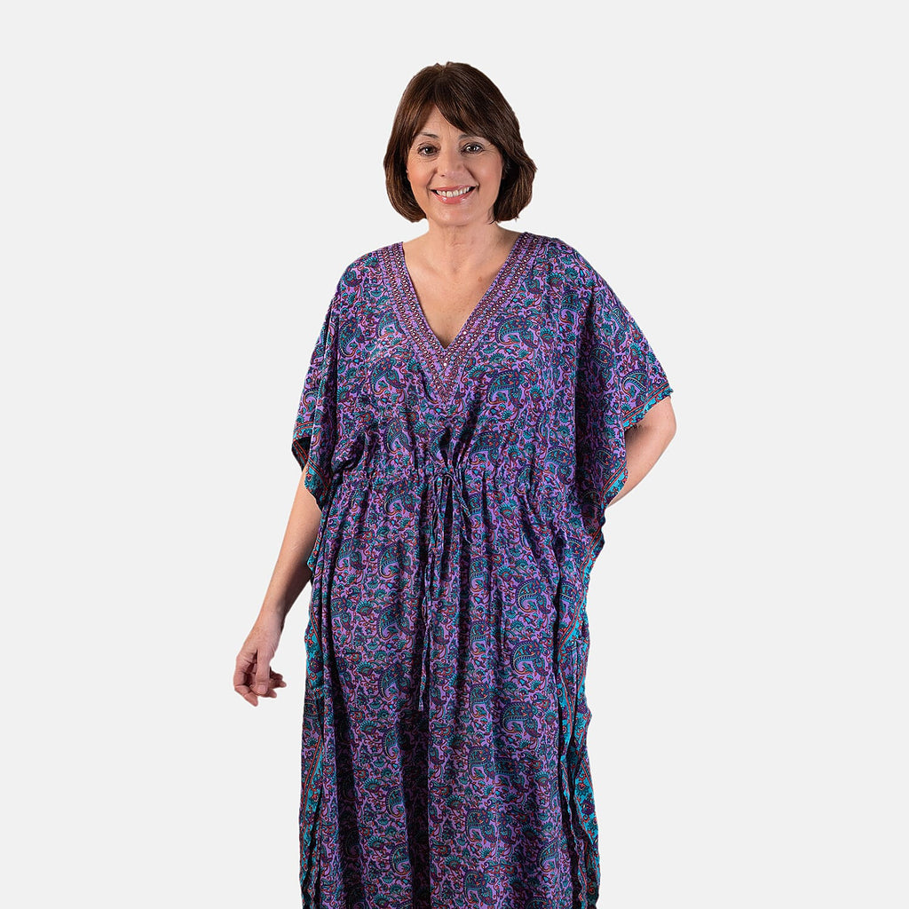 Tamsy Silk Like Floral with Paisley Print Embroidered Dress (One Size, 8-18) - Pink