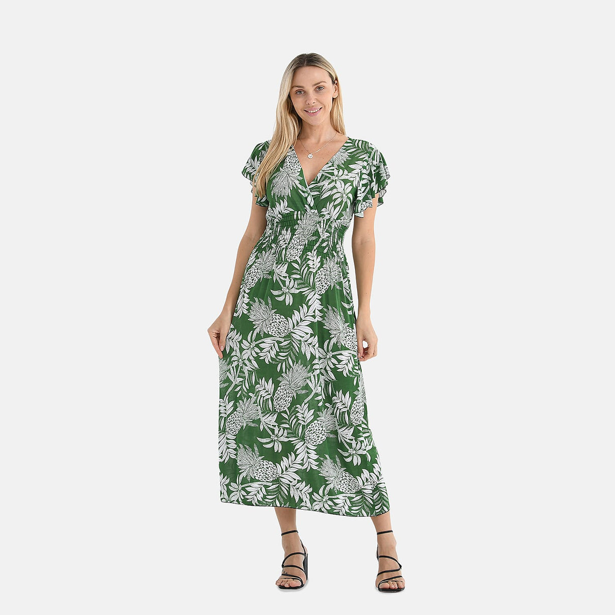 Tamsy Flutter Sleeves Flowers Print Smocked Midi Dress 8102522 0