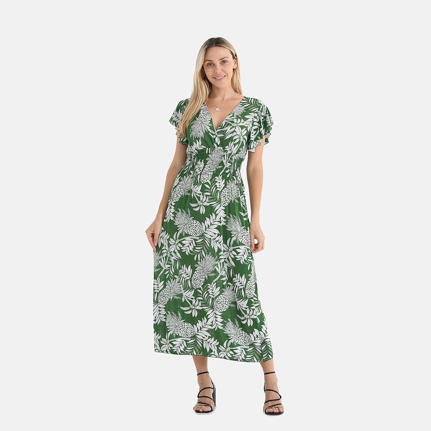 Tamsy Flutter Sleeves Flowers Print Smocked Midi Dress 8102522 0