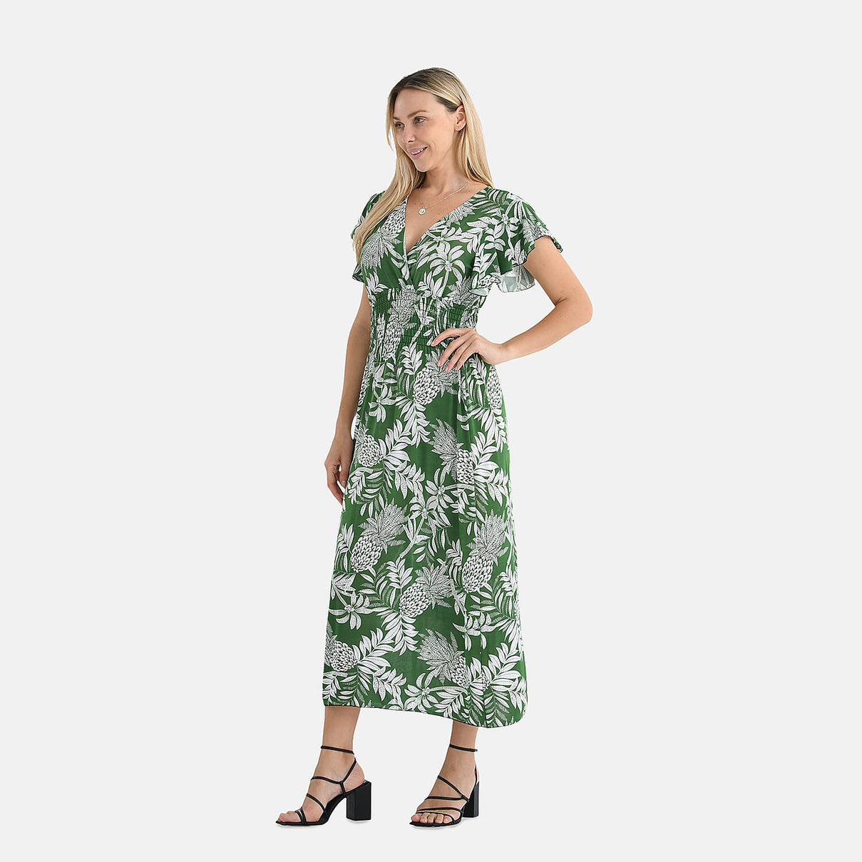 Tamsy Flutter Sleeves Flowers Print Smocked Midi Dress 8102522 3