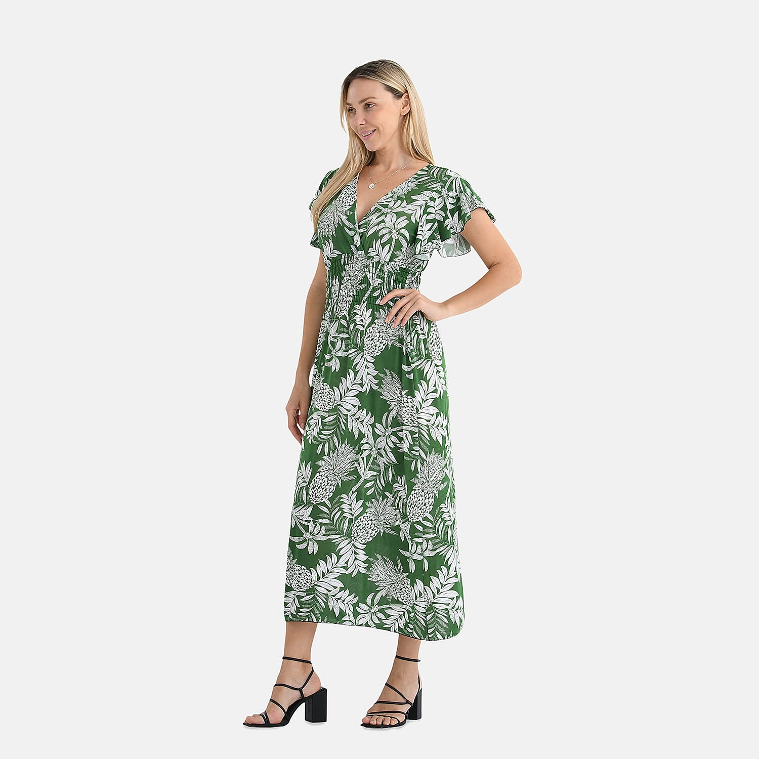 Tamsy Flutter Sleeves Flowers Print Smocked Midi Dress 8102522 3