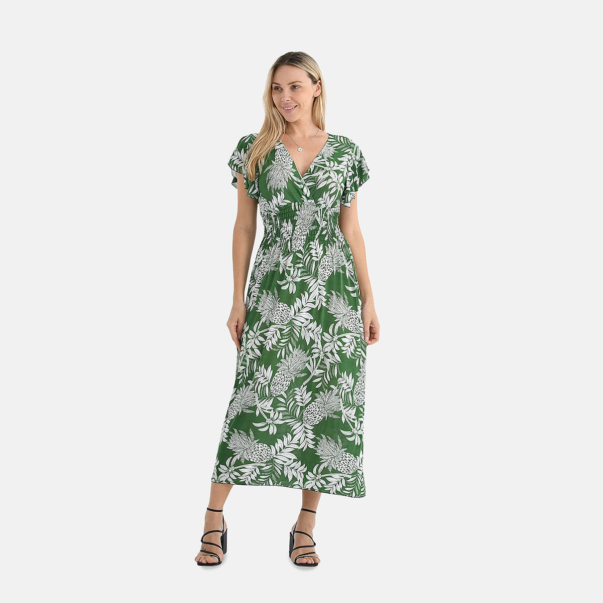Tamsy Flutter Sleeves Flowers Print Smocked Midi Dress 8102522 4
