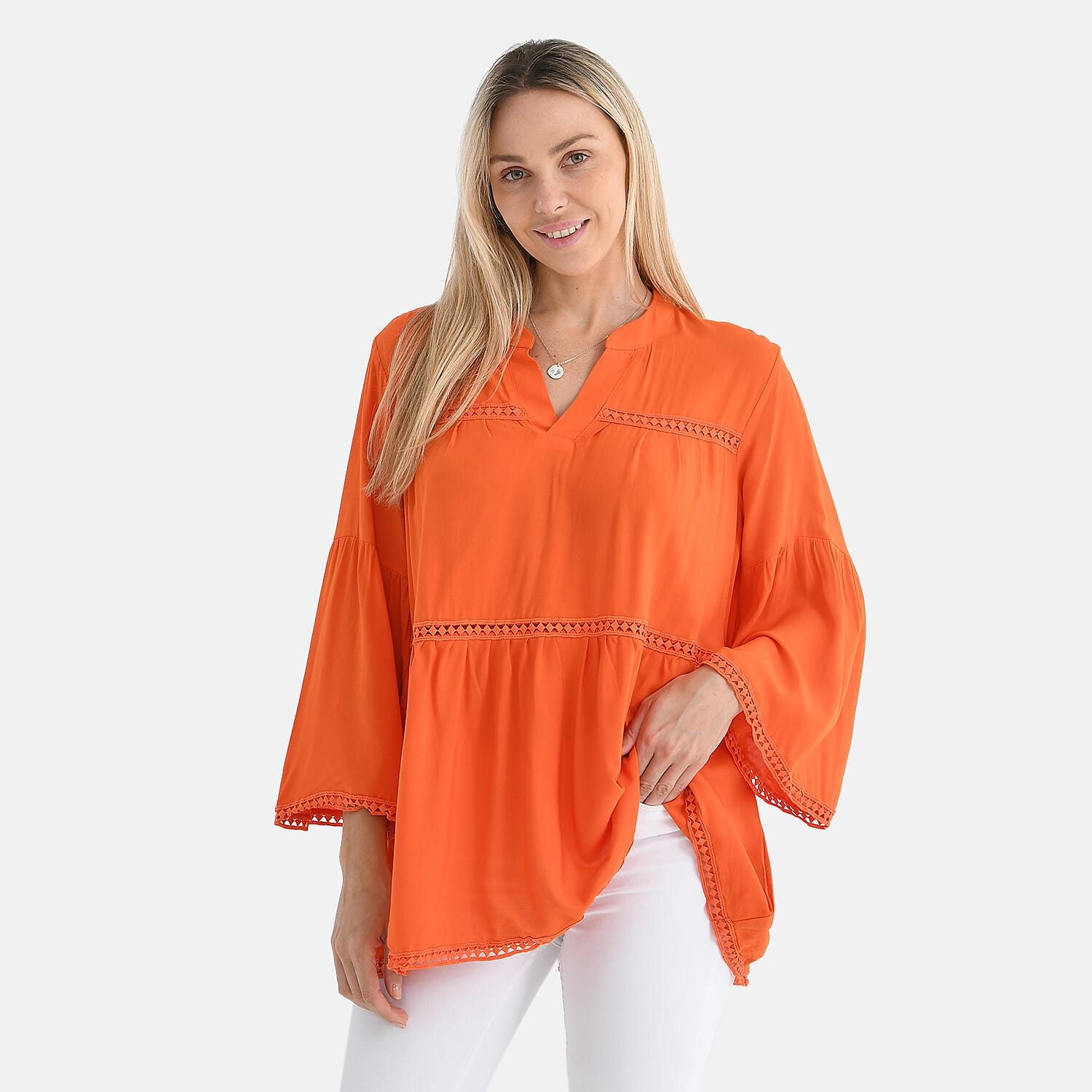 Tamsy Spring V-Neck Loose Fit Top with Crochet Trim 8034382 3