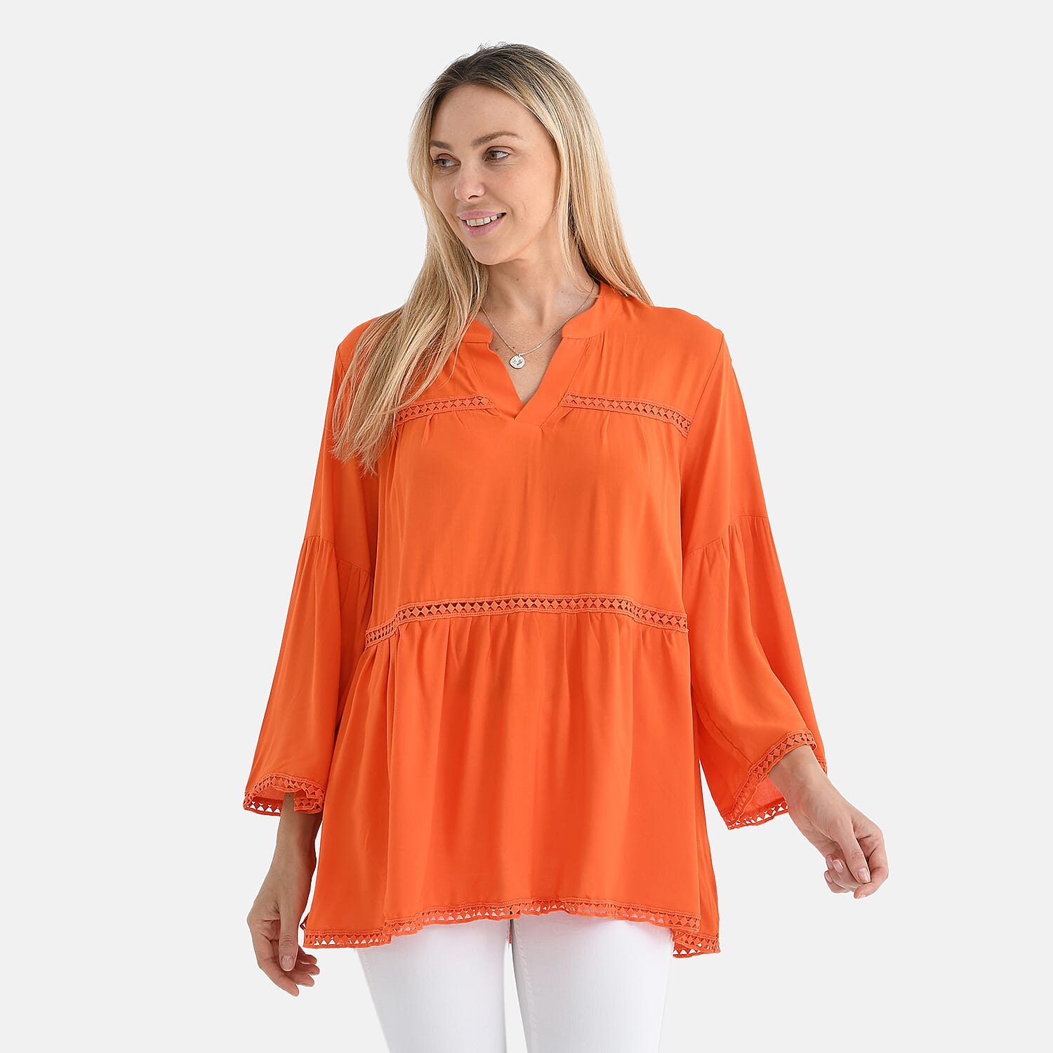 Tamsy Spring V-Neck Loose Fit Top with Crochet Trim 8034382 4