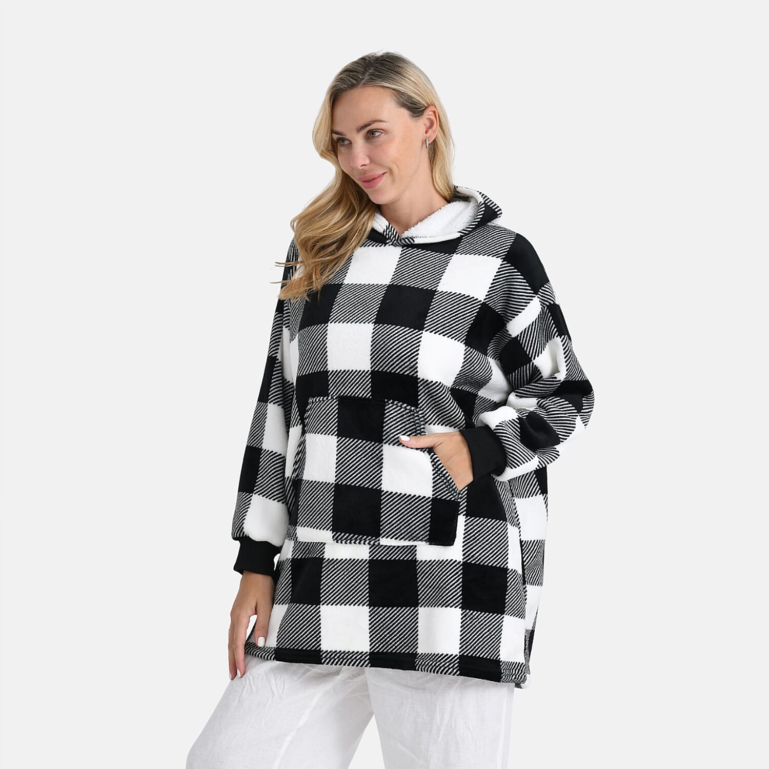 Tamsy Super Soft Fleece Checkered Oversize Hoodie (One Size) - Black &amp; White 8234404 3