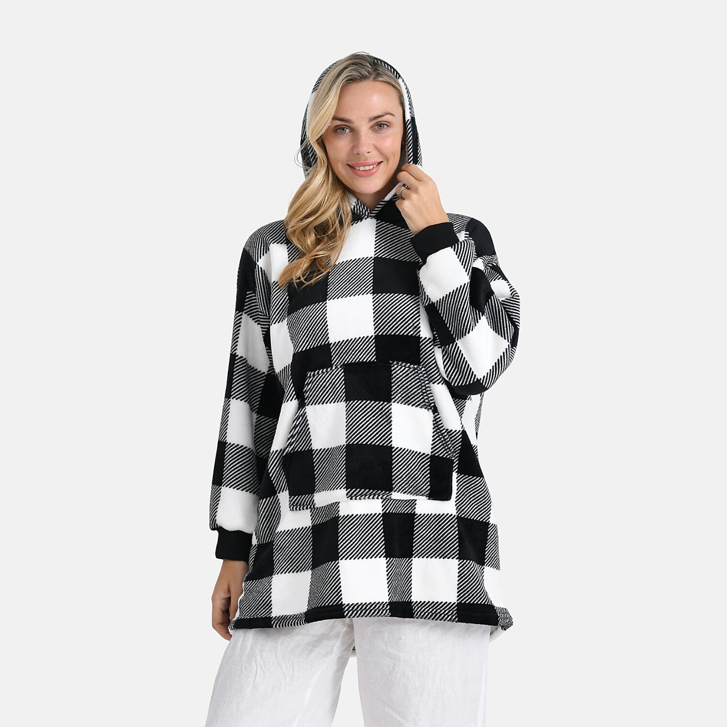 Tamsy Super Soft Fleece Checkered Oversize Hoodie (One Size) - Black &amp; White 8234404 4