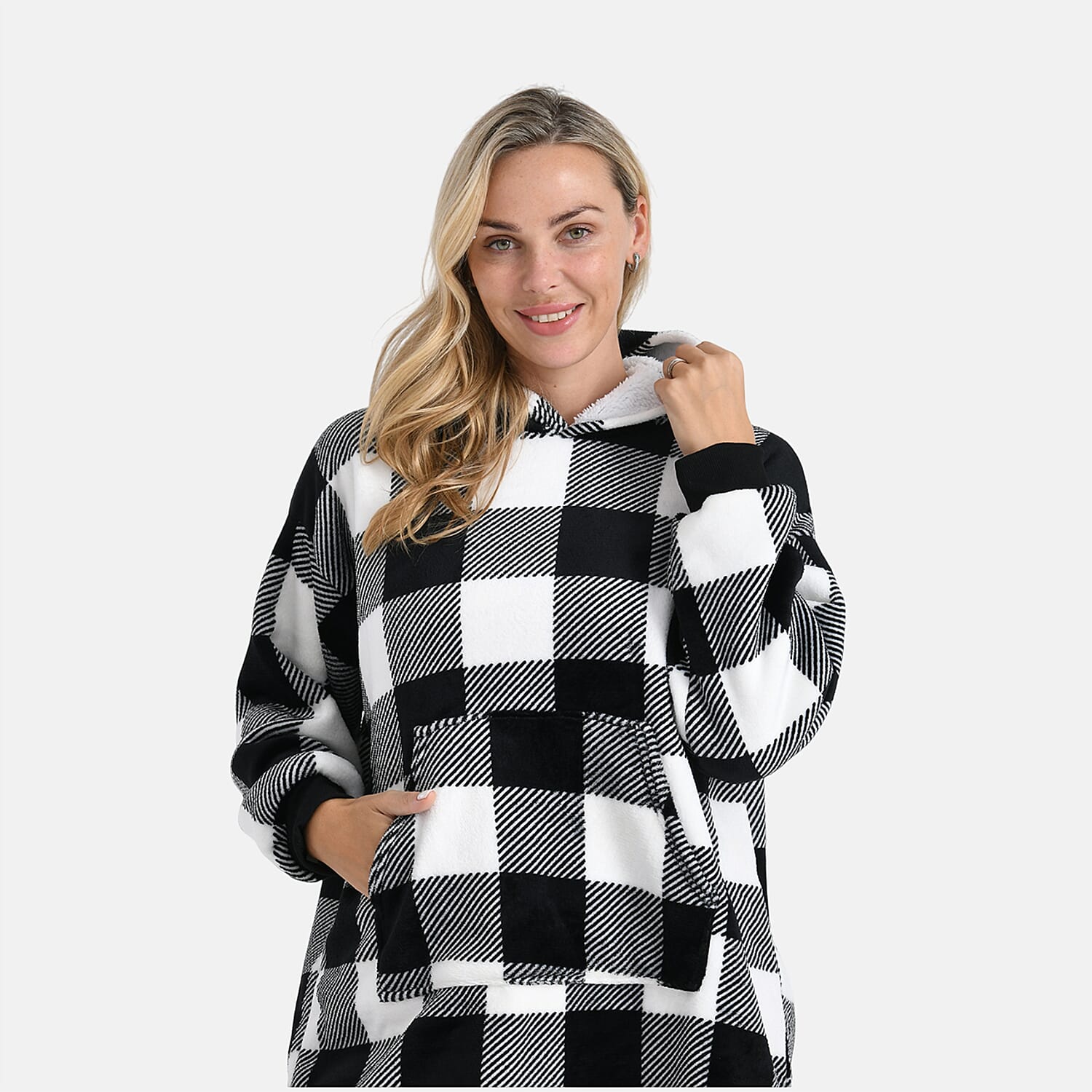 Tamsy Super Soft Fleece Checkered Oversize Hoodie (One Size) - Black &amp; White 8234404 5