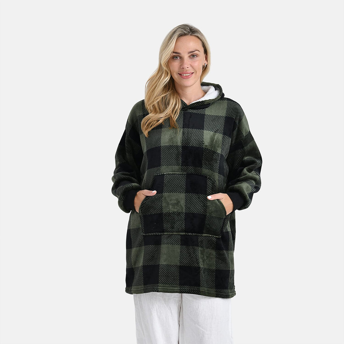 Tamsy Super Soft Fleece Checkered Oversize Hoodie (One Size) - Green &amp; Black 8234405 0