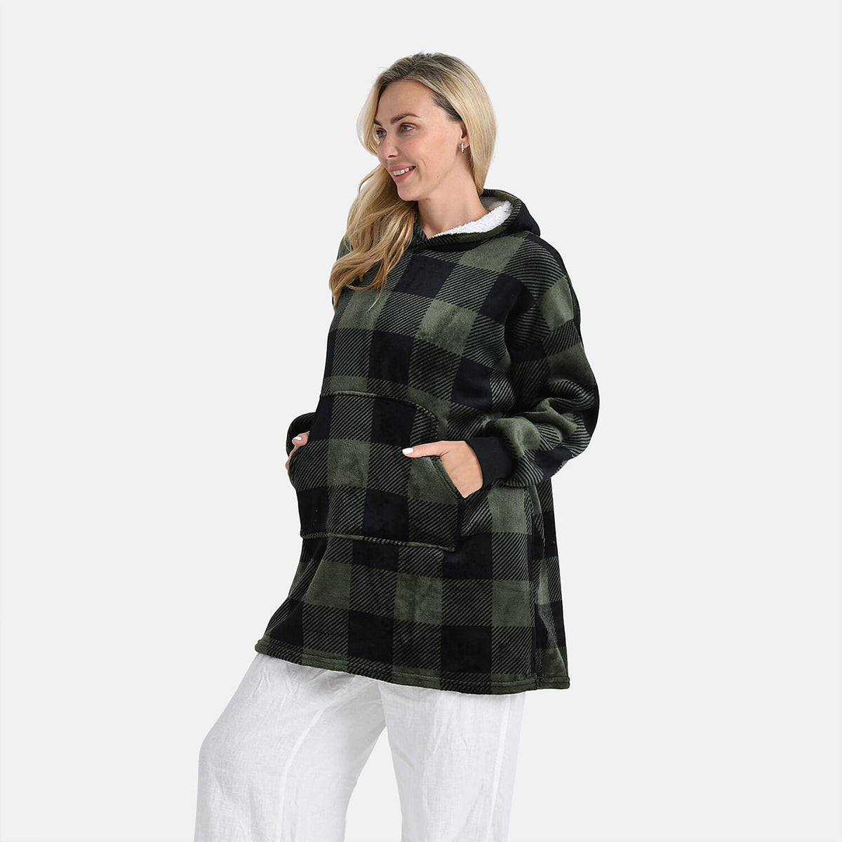 Tamsy Super Soft Fleece Checkered Oversize Hoodie (One Size) - Green &amp; Black 8234405 3