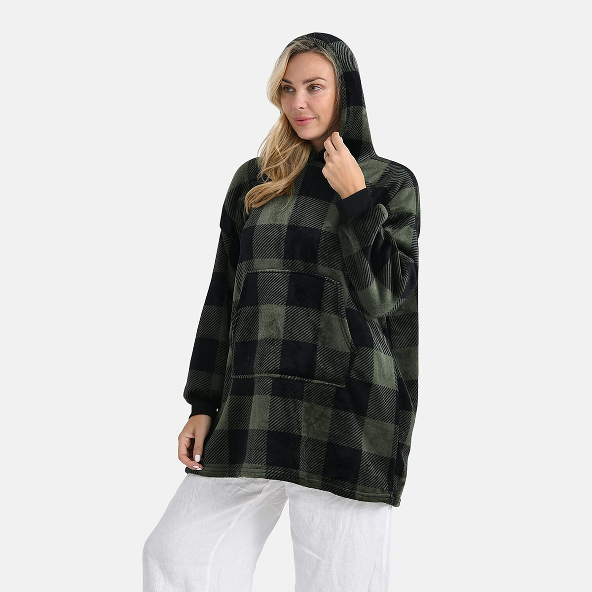 Tamsy Super Soft Fleece Checkered Oversize Hoodie (One Size) - Green &amp; Black 8234405 4