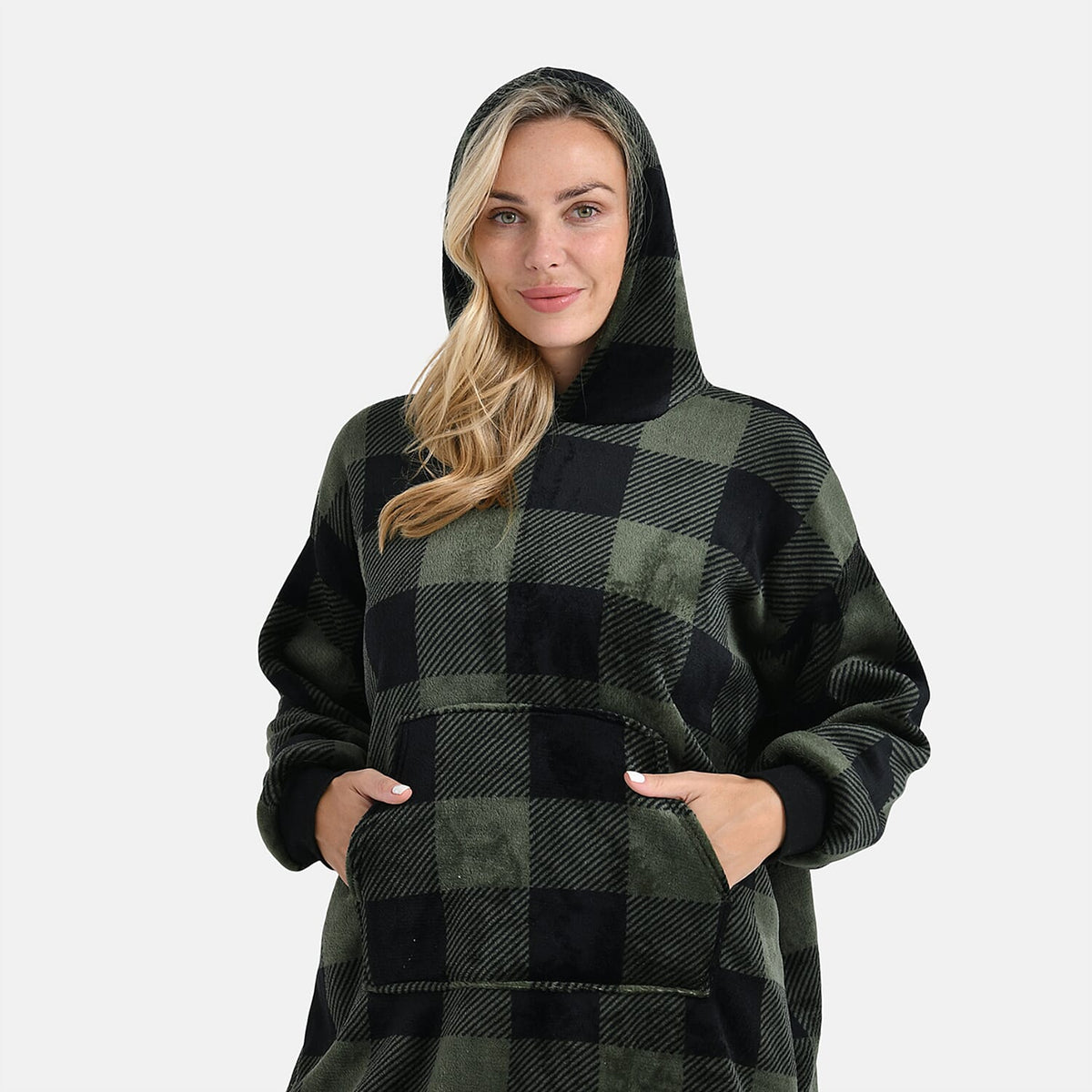 Tamsy Super Soft Fleece Checkered Oversize Hoodie (One Size) - Green &amp; Black 8234405 5