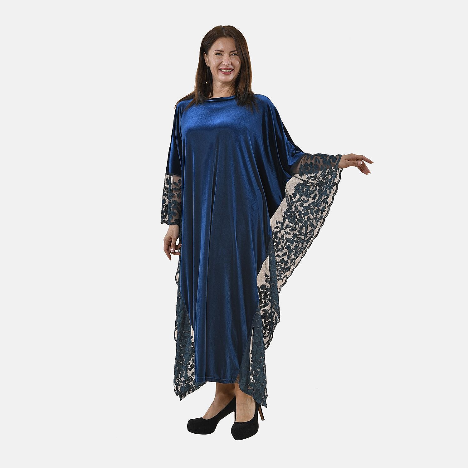 Tamsy Velvet Lace Trim Kaftan Maxi Dress - Teal 8834021 2