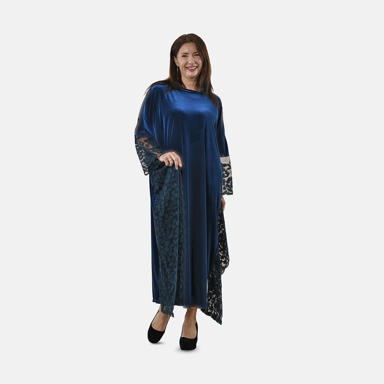 Tamsy Velvet Lace Trim Kaftan Maxi Dress - Teal 8834021 3