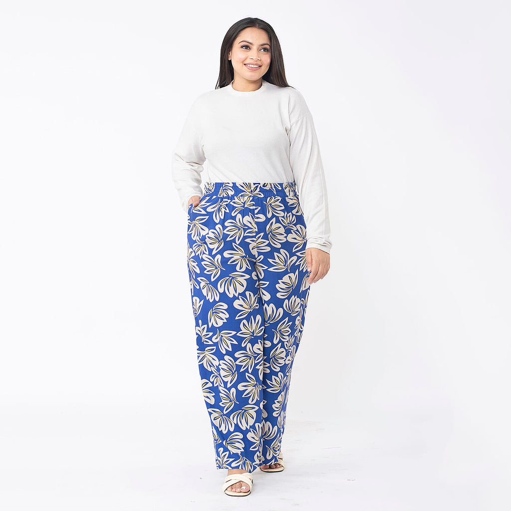 TAMSY Big Floral Pattern Trousers (Size M 12-14) - Blue