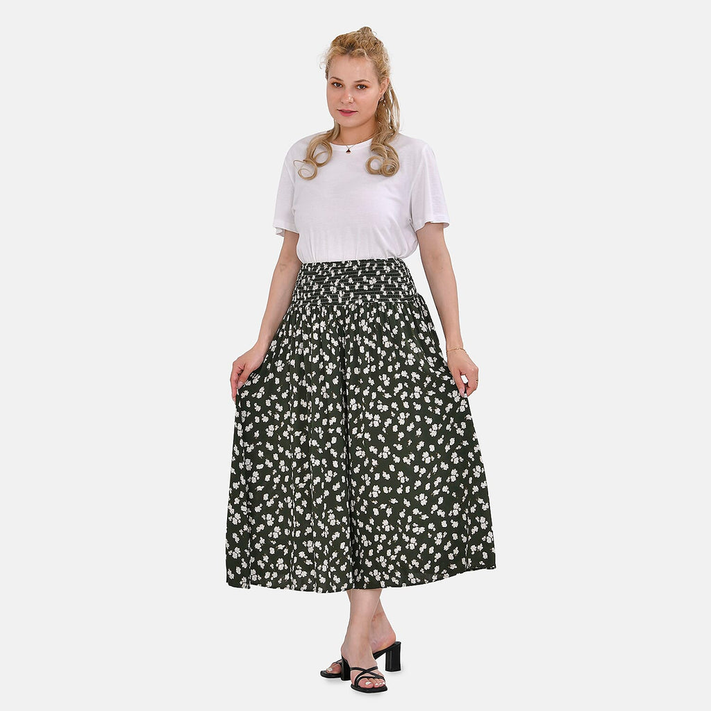 Tamsy 100% Viscose Floral Printed Smocked Waist Culottes (One Size 8-18) - Green
