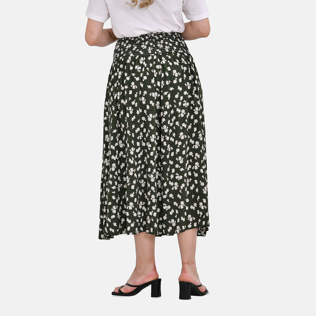 Tamsy 100% Viscose Floral Printed Smocked Waist Culottes (One Size 8-18) - Green