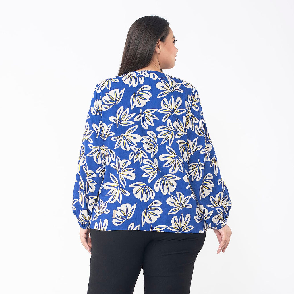TAMSY 100% Viscose Floral Printed V Neck Full Sleeve Top with Elastic at Cuffs (Size L,16-18) - Navy