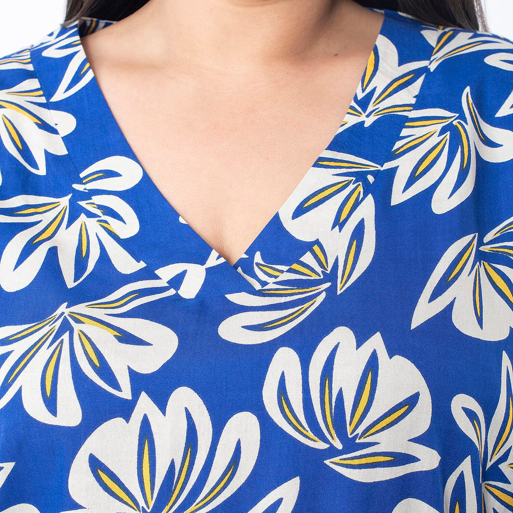 TAMSY 100% Viscose Floral Printed V Neck Full Sleeve Top with Elastic at Cuffs (Size L,16-18) - Navy