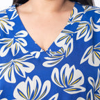 TAMSY 100% Viscose Floral Printed V Neck Full Sleeve Top with Elastic at Cuffs (Size L,16-18) - Navy