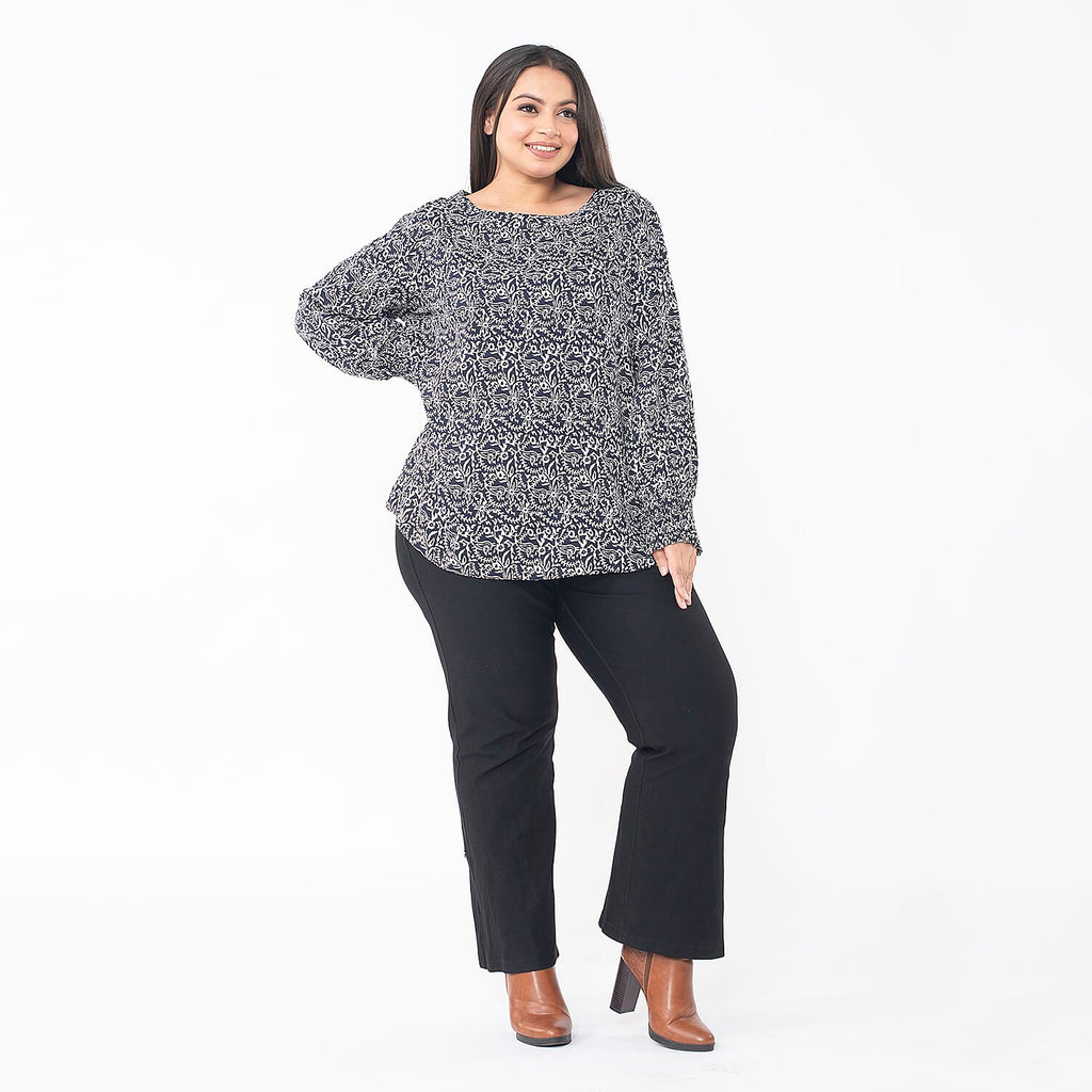 TAMSY 100% Viscose Floral Printed Full Sleeve Top with Smoking Elastic at Cuffs (Size XL,20-22) - Navy