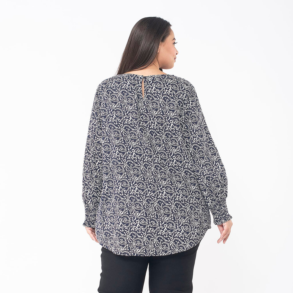 TAMSY 100% Viscose Floral Printed Full Sleeve Top with Smoking Elastic at Cuffs (Size XL,20-22) - Navy