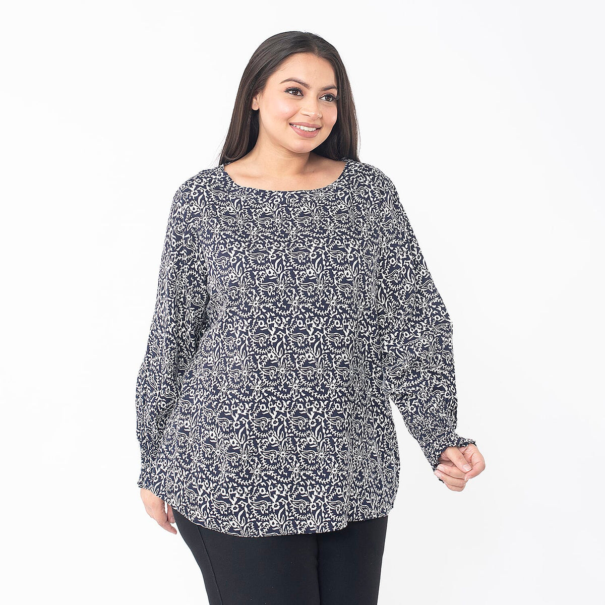 TAMSY Floral Printed Full Sleeve Top with Smoking Elastic at Cuffs 7667175 2