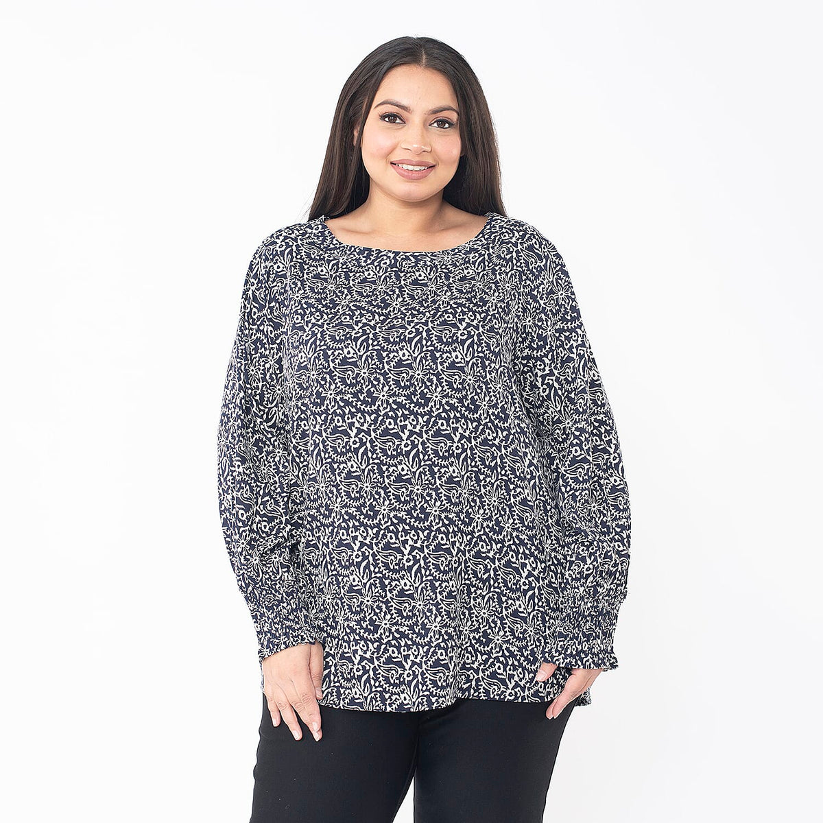 TAMSY Floral Printed Full Sleeve Top with Smoking Elastic at Cuffs 7667175 3
