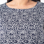 TAMSY 100% Viscose Floral Printed Full Sleeve Top with Smoking Elastic at Cuffs (Size XL,20-22) - Navy