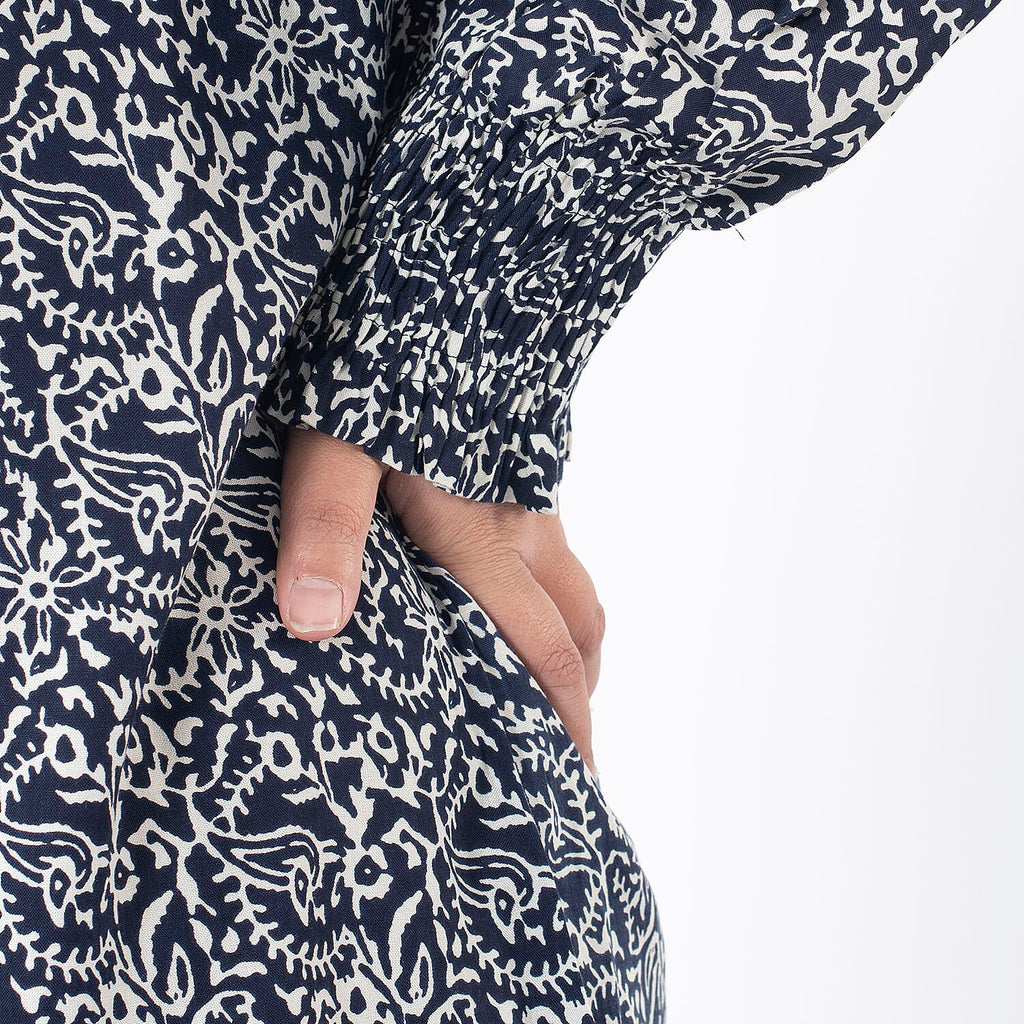 TAMSY 100% Viscose Floral Printed Full Sleeve Top with Smoking Elastic at Cuffs (Size XL,20-22) - Navy
