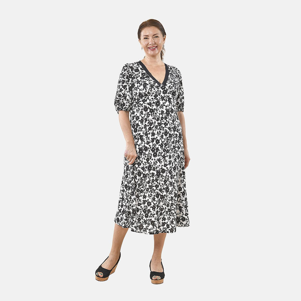 Tamsy 100% Viscose Floral Pattern Lace Trim Dress- Black and Multi