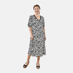 Tamsy 100% Viscose Floral Pattern Lace Trim Dress- Black and Multi