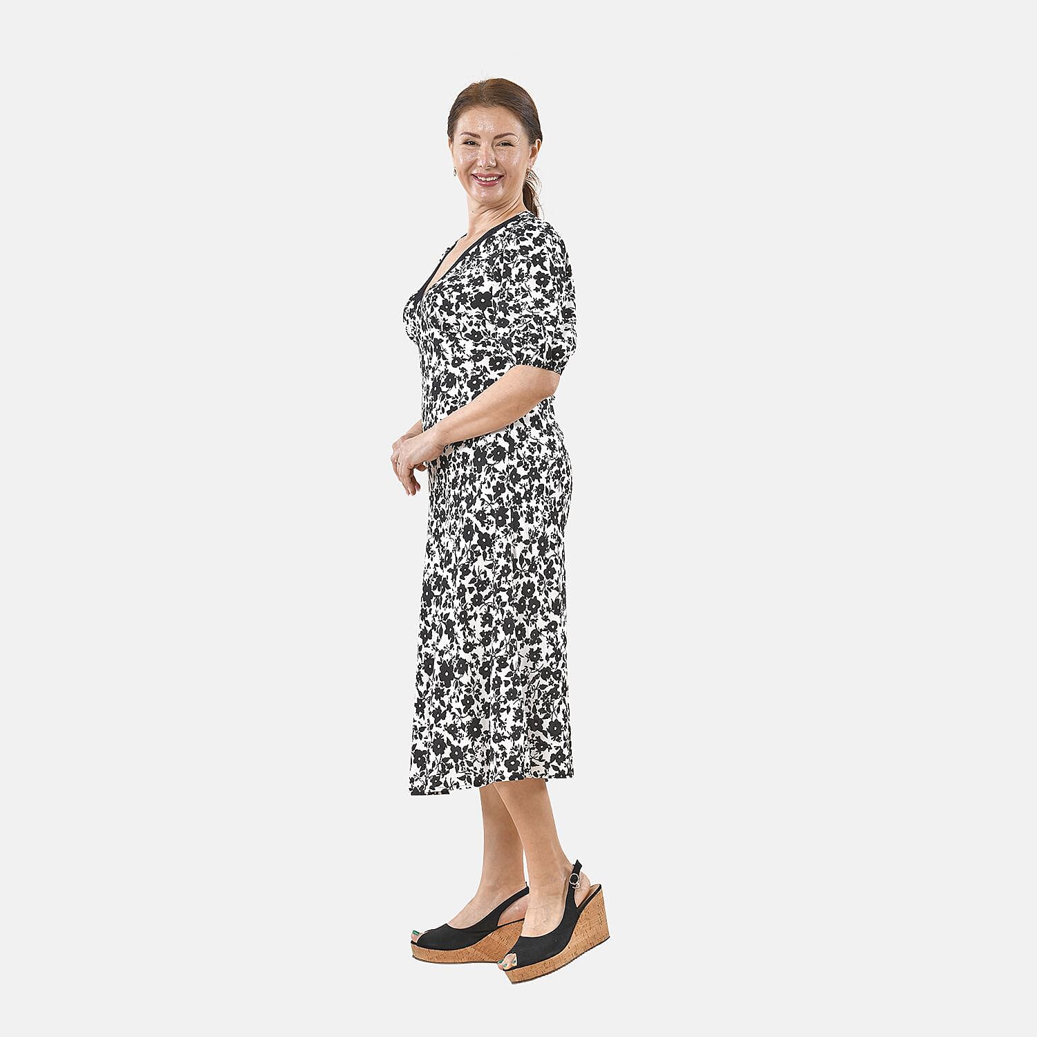 Super Find - TAMSY Floral Patttern Lace Trim Dress - Black and Multi V32516428 3