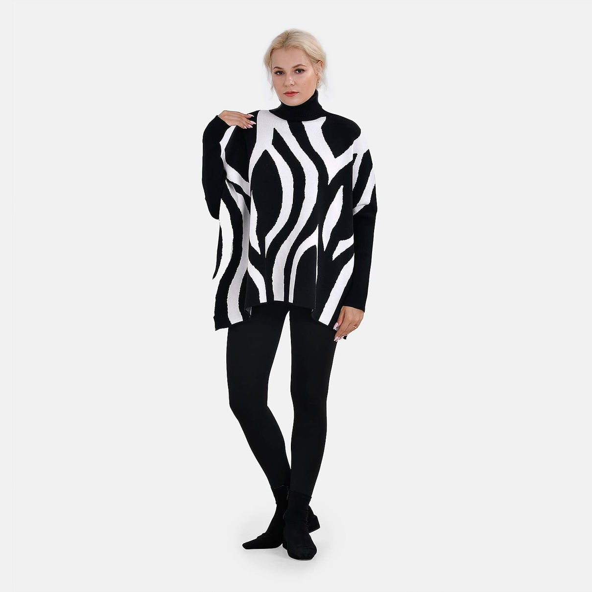 Tamsy Roll Neck Stripe Pattern Poncho Jumper 7598672 0