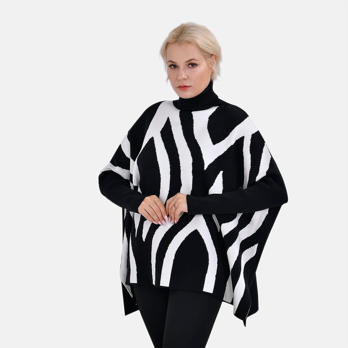 Tamsy Roll Neck Stripe Pattern Poncho Jumper 7598672 2